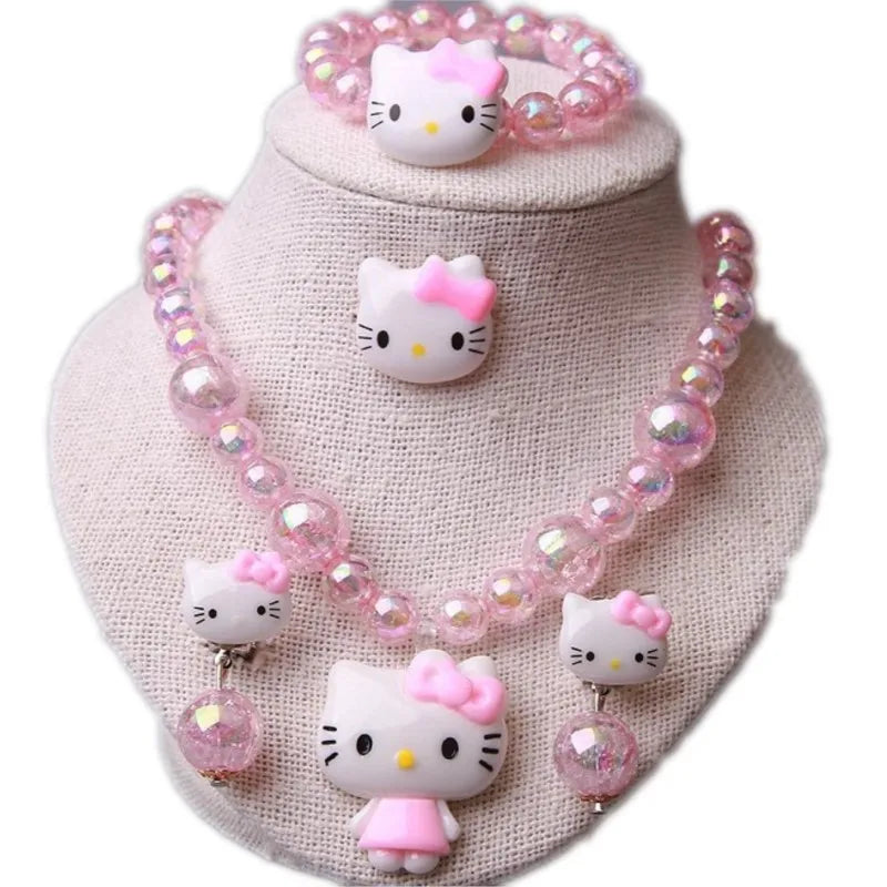 4pcs/set Cartoon Kawaii Hello Kitty Necklace and Hairclips.