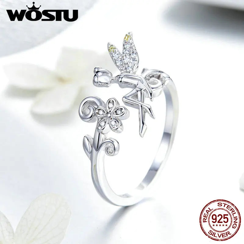 WOSTU 2019 New Design 925 Sterling Silver Flower Fairy Elf Ring Finger Adjustable Size Wedding Rings For Women Jewelry CTR025