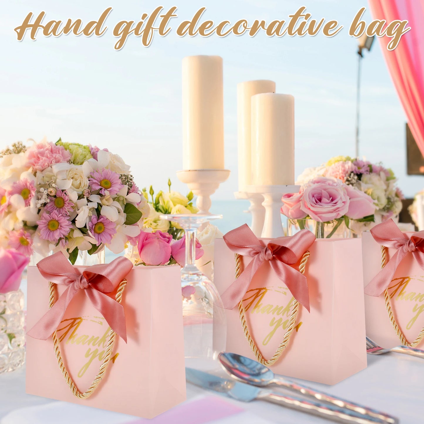 20/30/50pcs Thank You Gift Bags Reusable Paper Party Bags with Handles Gold Bow Ribbon Mini Pink Party Favor Bags for Birthday