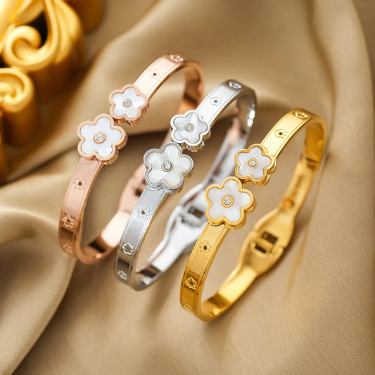 Trendy Simple Shell Flower Bracelets for Women 3 Colors Stainless Steel Can Open Bangles Hand Accessories Jewelry Christmas Gift