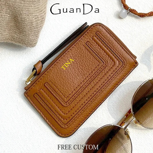 Luxury Genuine Leather Card Wallet Woman Custom Name Brand Card Holder Casual Zipper Lady Engraving Coin Purse Personalized Gift
