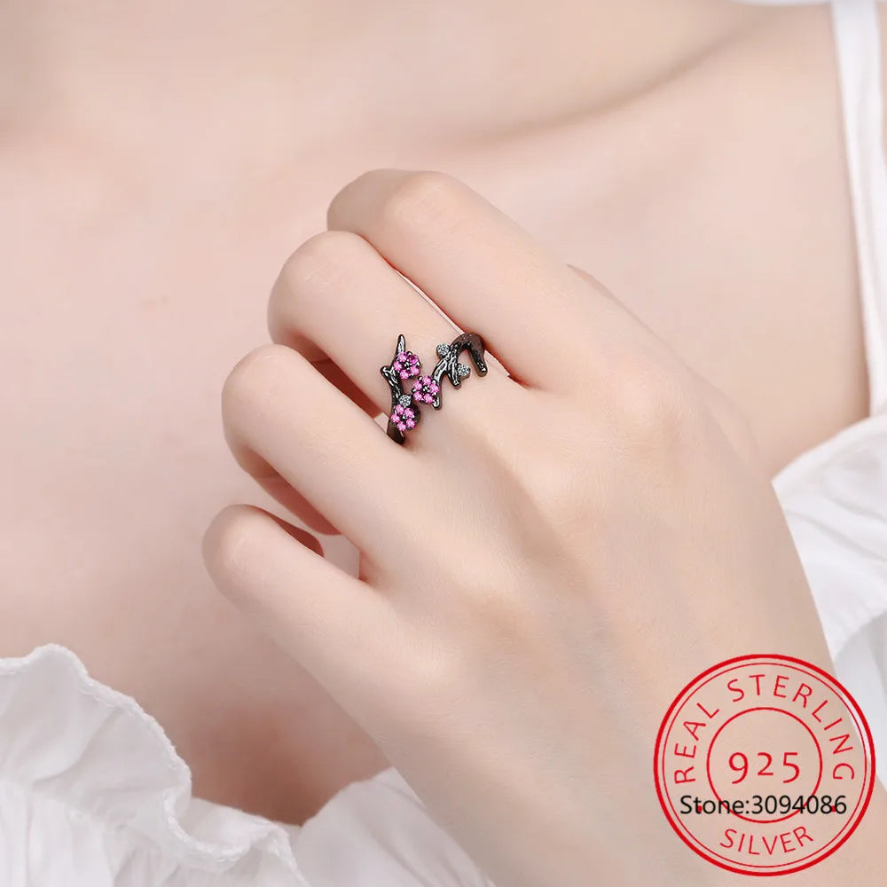Flower Created Pink Sapphire 925 Sterling Silver Plum Blossom Ring for Women Fashion Gemstone Jewelry Engagement Wedding Gift
