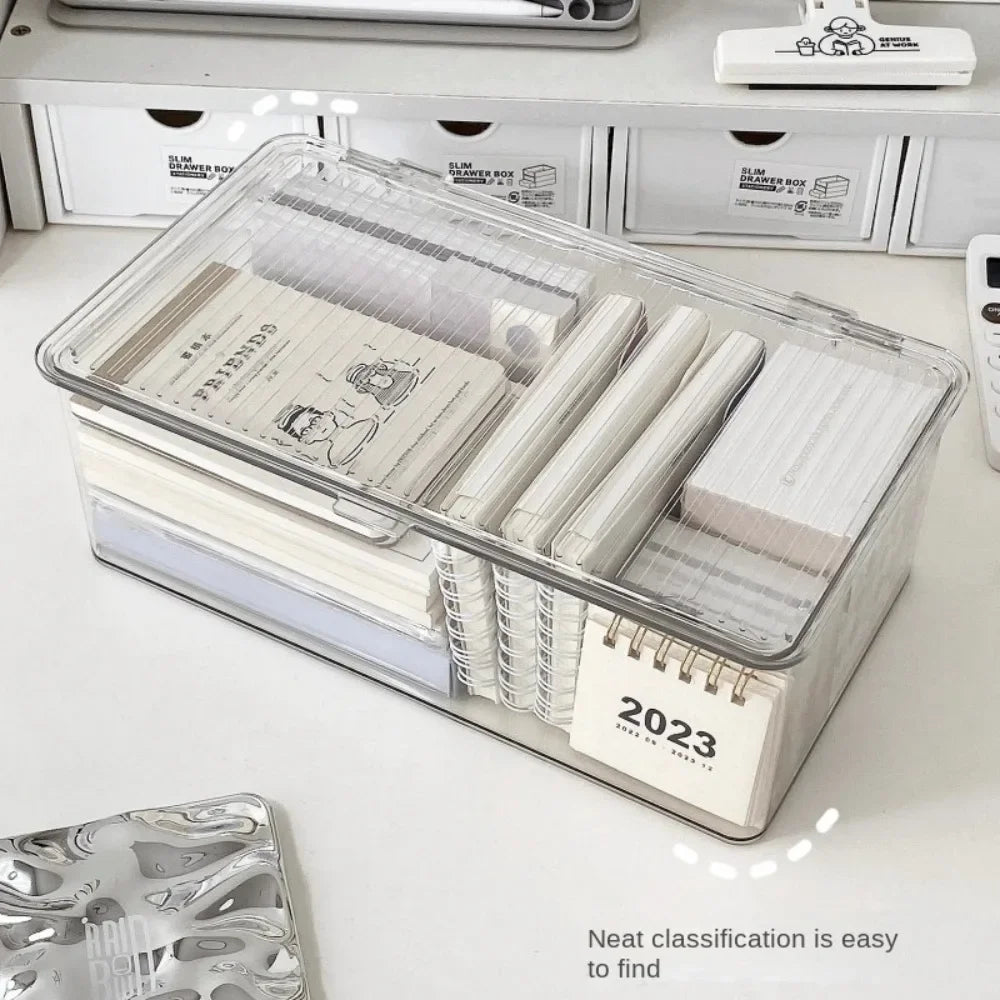 Desktop Storage Box Large Capacity with Lid Cosmetic Organizer Box Transparent Office Supplies Book Document Storage Box