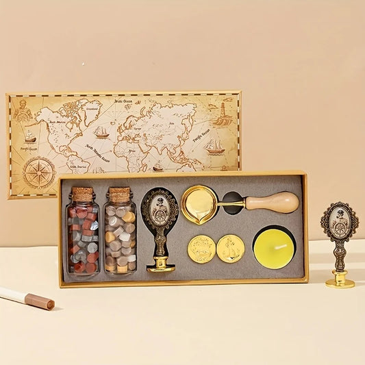 1 Set of Sealing Wax Stamp Kit, Includes Stamp Handle, Sealing Wax Beads, Wooden Handle Sealing Wax Spoon, Small Round Wax, Stamp Head, Suitable for Wedding Invitations, Envelopes, Birthday Gift Cards, Scrapbooks, Great Gift