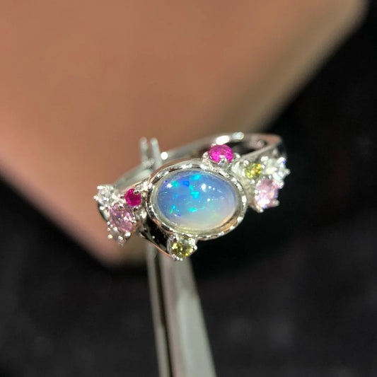 80 Pieces/S925 Silver Natural Opal Ring Oval Colorful Gemstone Proposal Ring Flower Adjustable Fine Jewelry Wholesale for Women