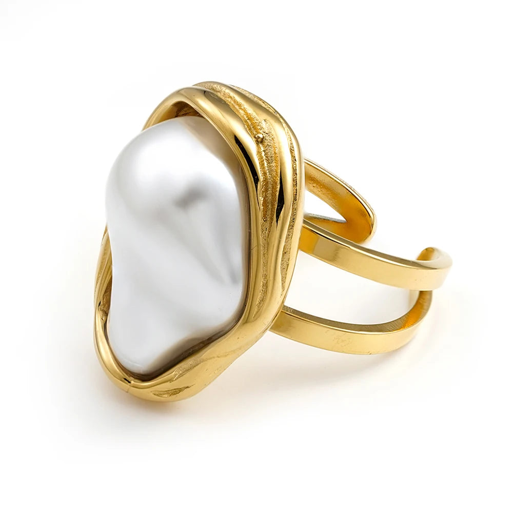 ENFASHION Anillos Mujer Irregular Shape Pearl Open Ring For Women Stainless steel 18K Plated Gold Fashion Jewelry Dating R254507