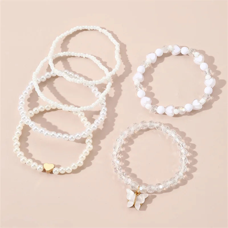 European and American Bracelet Simple Design Sweet Cute Pearl Love Beaded Butterfly Pendant Bracelet 6 Pieces suit