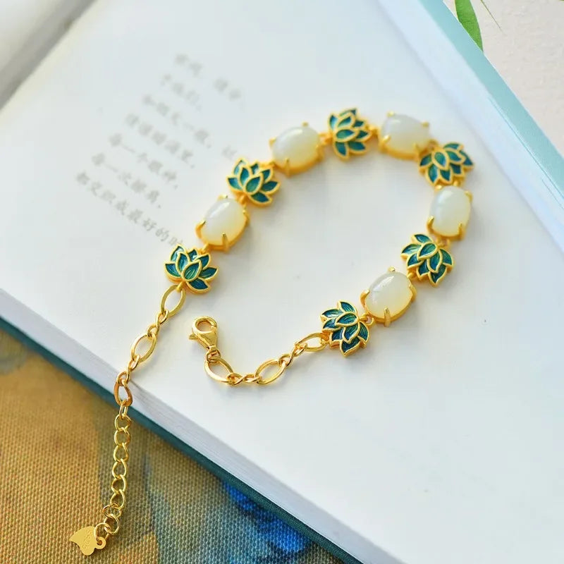 Natural Hotan Jade Charms Enamel Lotus Flower Bracelet for Women New in Chinese Vintage Ancient Gold Craft Bangles Jewelry