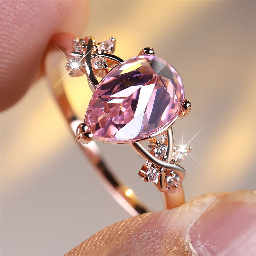 Elegant Pink Crystal Water Drop Stone Rings For Women Rose Gold Color Engagement Band Wedding Jewelry