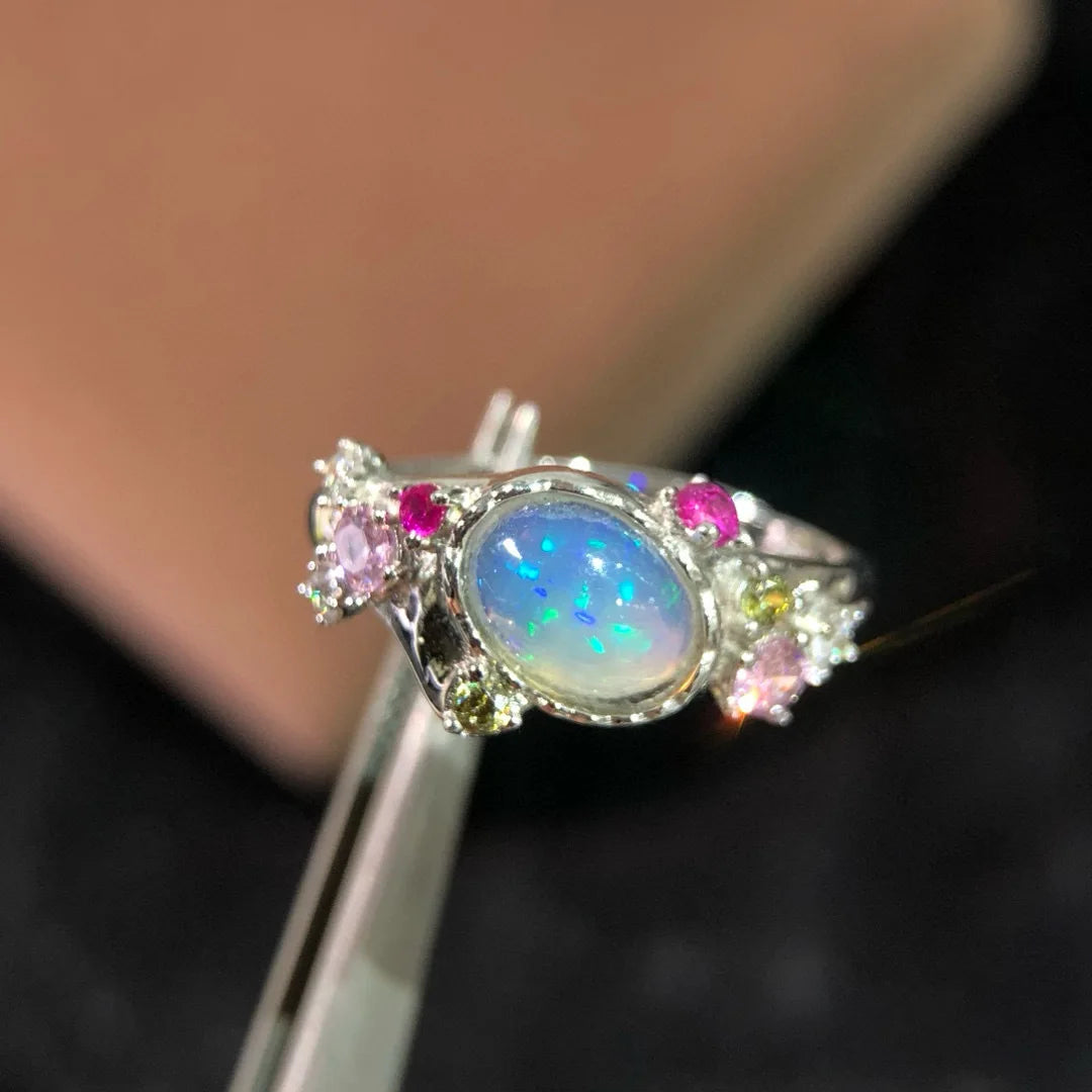 80 Pieces/S925 Silver Natural Opal Ring Oval Colorful Gemstone Proposal Ring Flower Adjustable Fine Jewelry Wholesale for Women