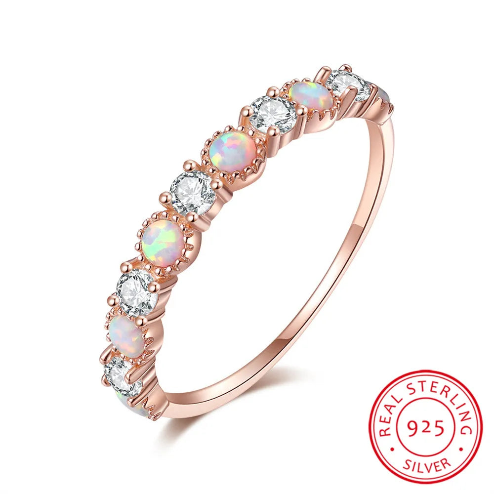 Real 925 Sterling Silver Engagement Ring Single Row White Zircon Round Opal Rings For Women Gold Color Wedding Band Jewelry