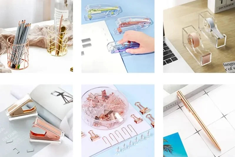 Complete Office Supplies Set -Acrylic Stapler Tape Holder Pen Holder Ballpoint Pens Scissors Binder Paper Clip Staples