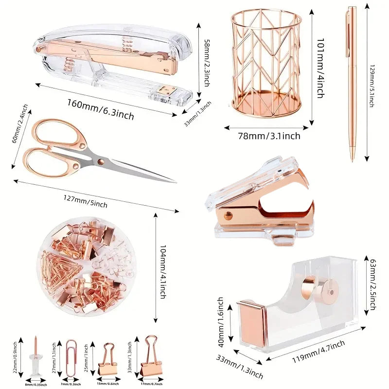 Complete Office Supplies Set -Acrylic Stapler Tape Holder Pen Holder Ballpoint Pens Scissors Binder Paper Clip Staples