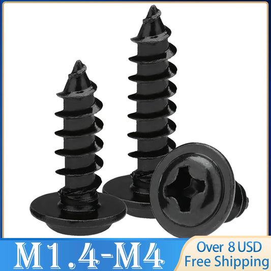 100pcs Phillips Black Self-tapping Screw Pan Head PWA Cross Round Head With Washer Cushion M1.4 M1.7 M2 M2.3 M2.6 M3 M3.5 M4