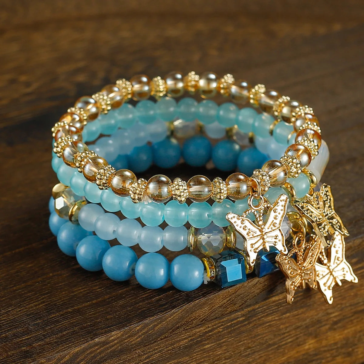 4pcs Trendy Butterfly Beaded Bracelet Set for Women Pink Acrylic Beads Elastic Chain Bangle Female Bohemian Party Jewelry Gift