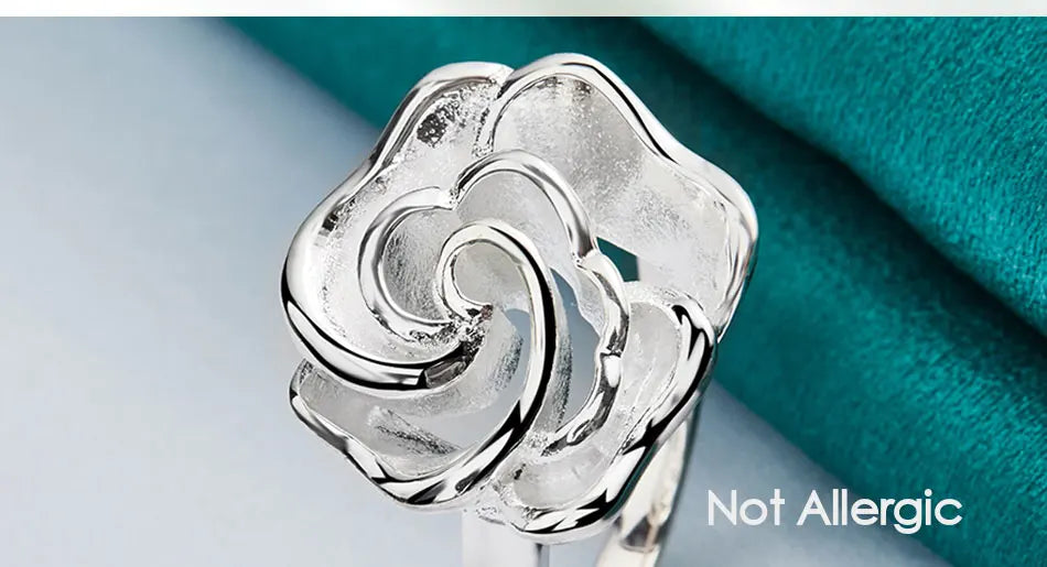 925 Sterling Silver Rose Flower Blossoms Ring For Woman Fashion Wedding Engagement Party Gift Charm Jewelry