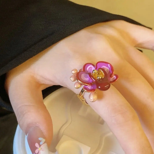 Sweet Drip Oil Flower Ring Butterfly Orchid White Iris Flower Enamel Finger Ring Ins Style Trendy French Irregular Ring Women