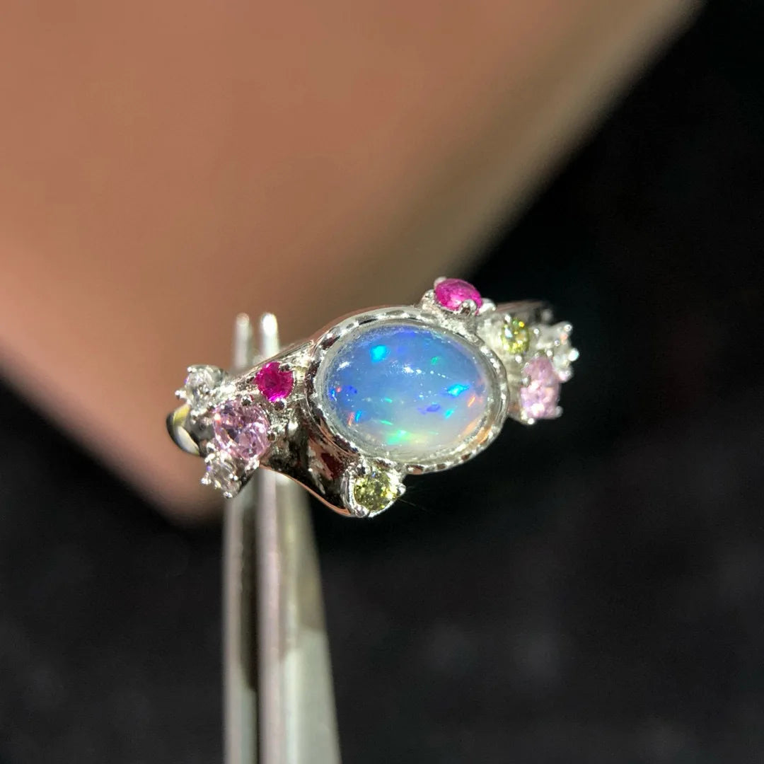 80 Pieces/S925 Silver Natural Opal Ring Oval Colorful Gemstone Proposal Ring Flower Adjustable Fine Jewelry Wholesale for Women
