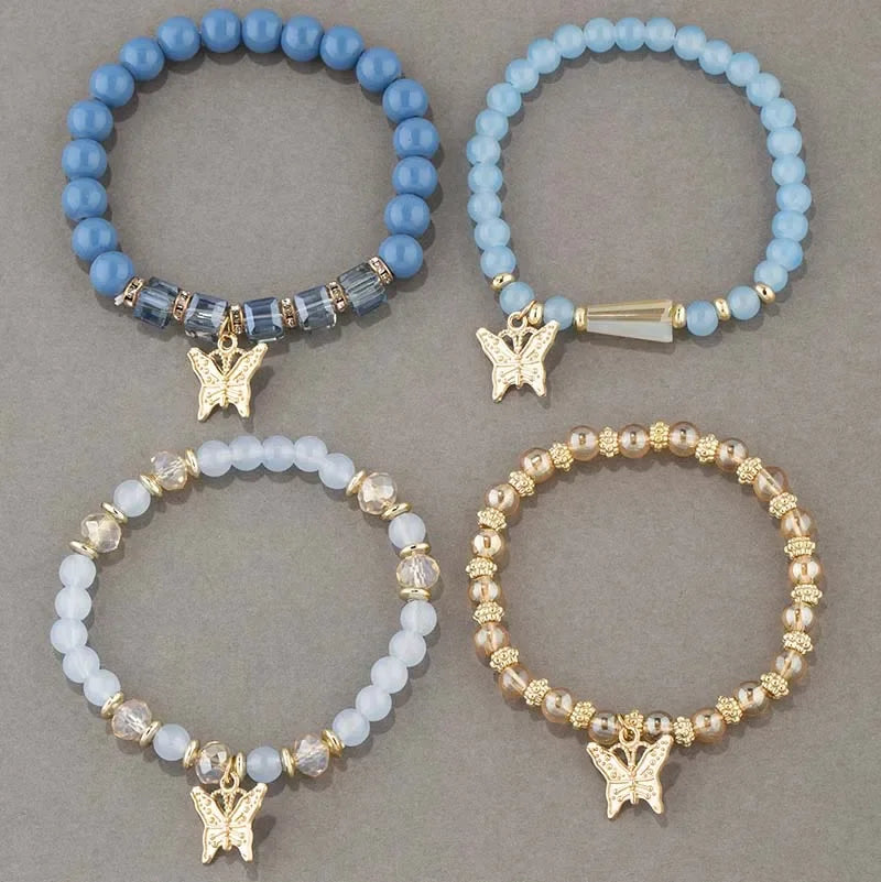 4pcs Trendy Butterfly Beaded Bracelet Set for Women Pink Acrylic Beads Elastic Chain Bangle Female Bohemian Party Jewelry Gift