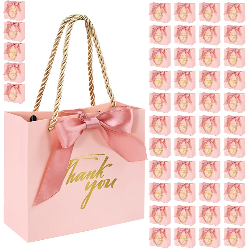 20/30/50pcs Thank You Gift Bags Reusable Paper Party Bags with Handles Gold Bow Ribbon Mini Pink Party Favor Bags for Birthday