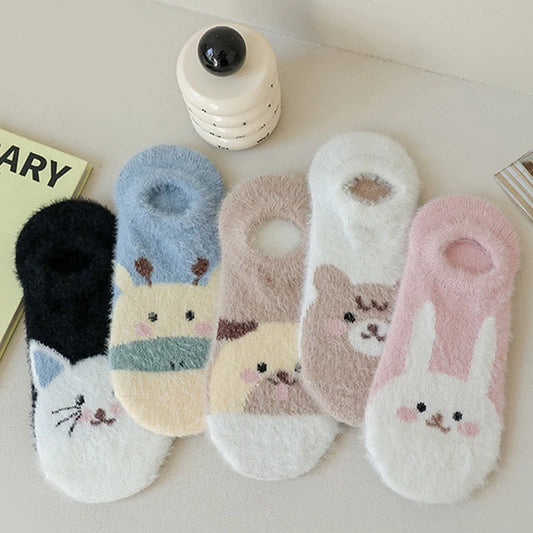 Women Socks Warm Soft Fuzzy Slipper Non-slip Thick Invisible Mink Cashmere Sock Panda Kawaii Ankle Sox High Quality Comfortable