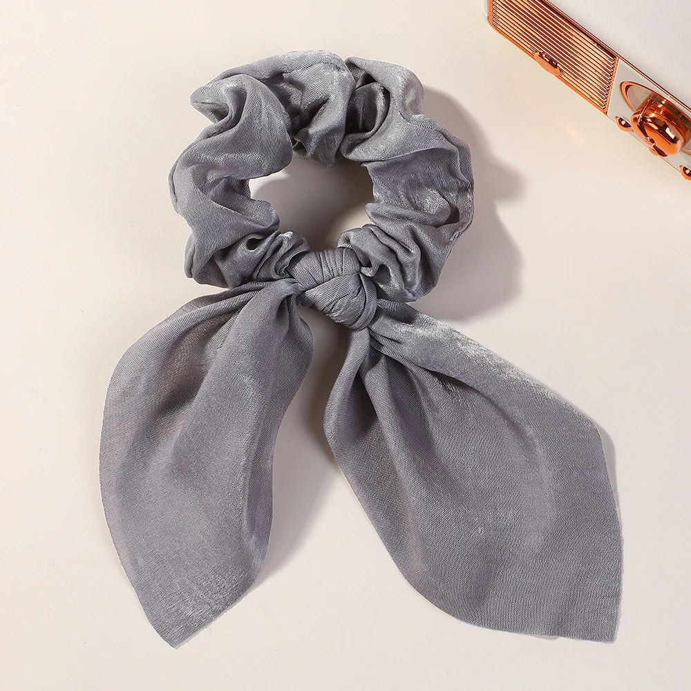 Fashion Vintage Solid Chiffon Velvet Bow Hair Ribbon Scrunchie for Women Girls Long Elastic Hair Tie Headwear Hair Accessories