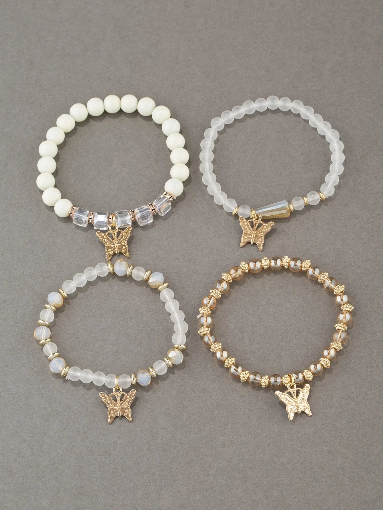 4pcs Trendy Butterfly Beaded Bracelet Set for Women Pink Acrylic Beads Elastic Chain Bangle Female Bohemian Party Jewelry Gift