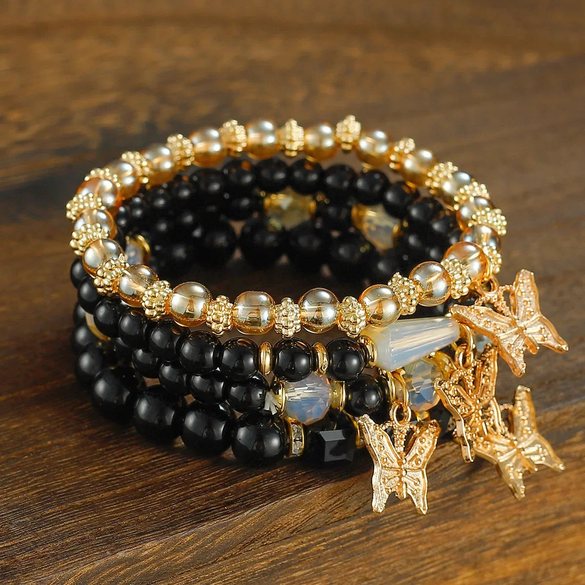 4pcs Trendy Butterfly Beaded Bracelet Set for Women Pink Acrylic Beads Elastic Chain Bangle Female Bohemian Party Jewelry Gift