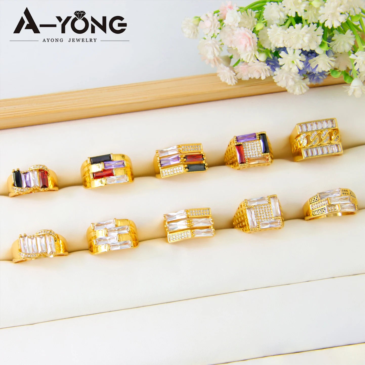 Dubai Fashion Zirconia Rings 21k Gold Plated Arabic Muslim Punk Hip Hop Ring Moroccan Women Bridal Wedding Party Jewelry