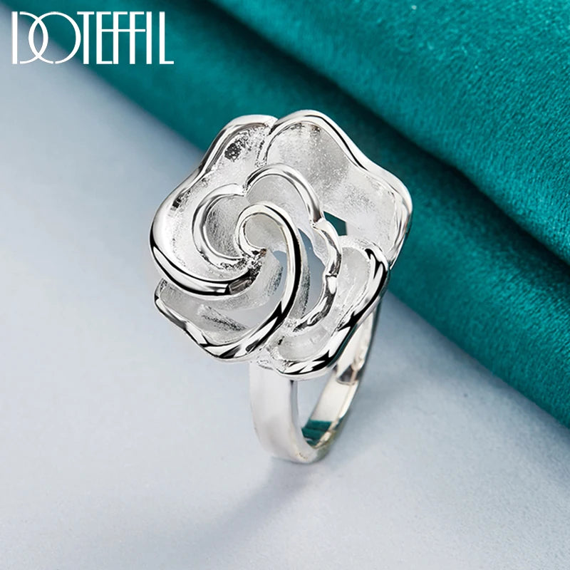 925 Sterling Silver Rose Flower Blossoms Ring For Woman Fashion Wedding Engagement Party Gift Charm Jewelry