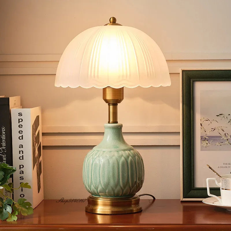 European Style Table Lamp Retro Pastoral Style Ceramic Glass Led Lamp Study Bedroom Decoration Stepless Dimming Bedside Lamp