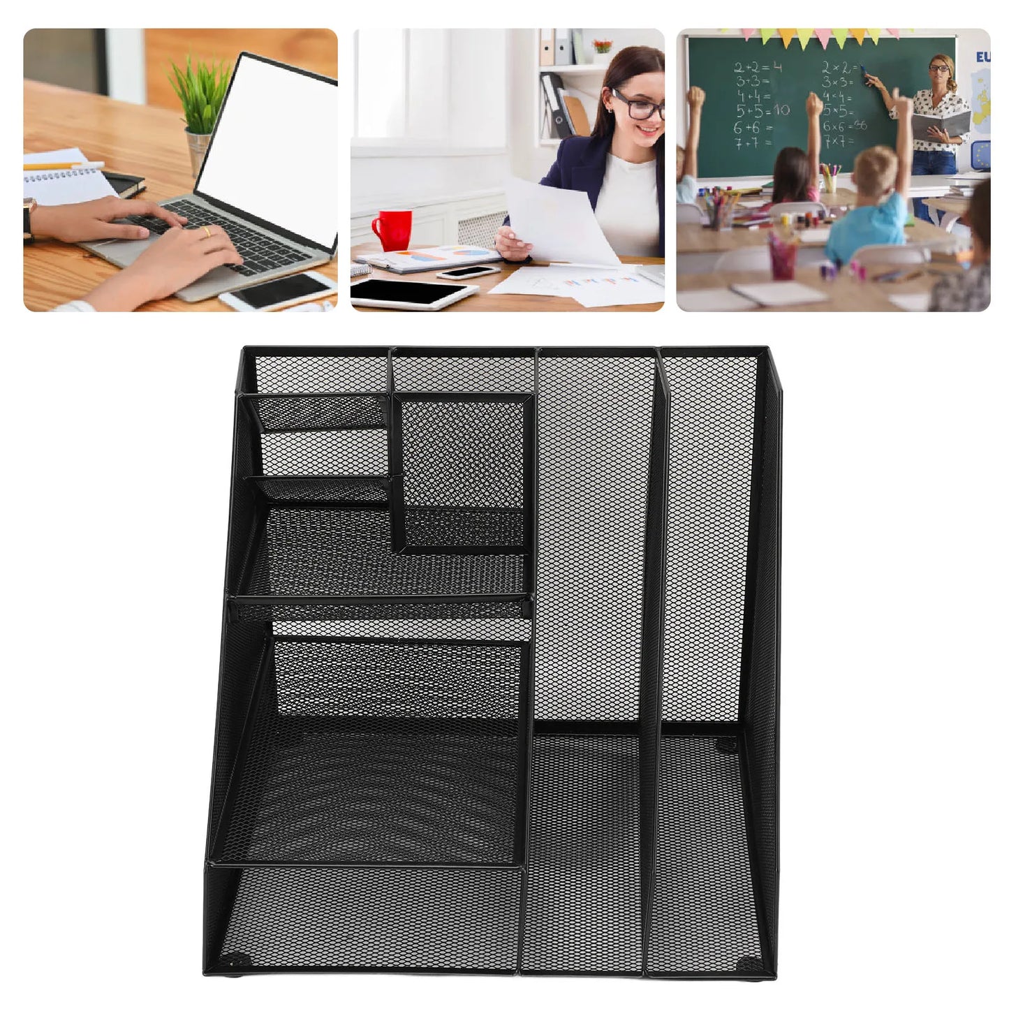 Office Supplies Organizer with Pen Holder Metal Mesh Desktop Organizer Black Iron Multifunctional File Organizer for Home School
