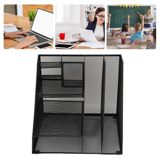 Office Supplies Organizer with Pen Holder Metal Mesh Desktop Organizer Black Iron Multifunctional File Organizer for Home School