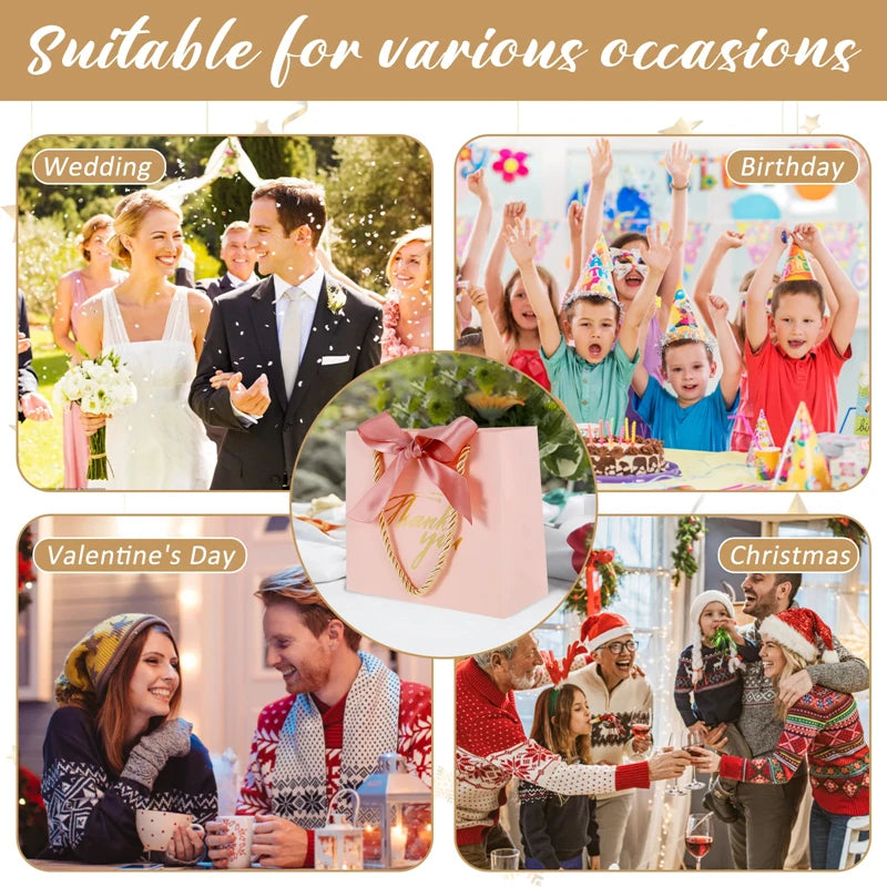 20/30/50pcs Thank You Gift Bags Reusable Paper Party Bags with Handles Gold Bow Ribbon Mini Pink Party Favor Bags for Birthday