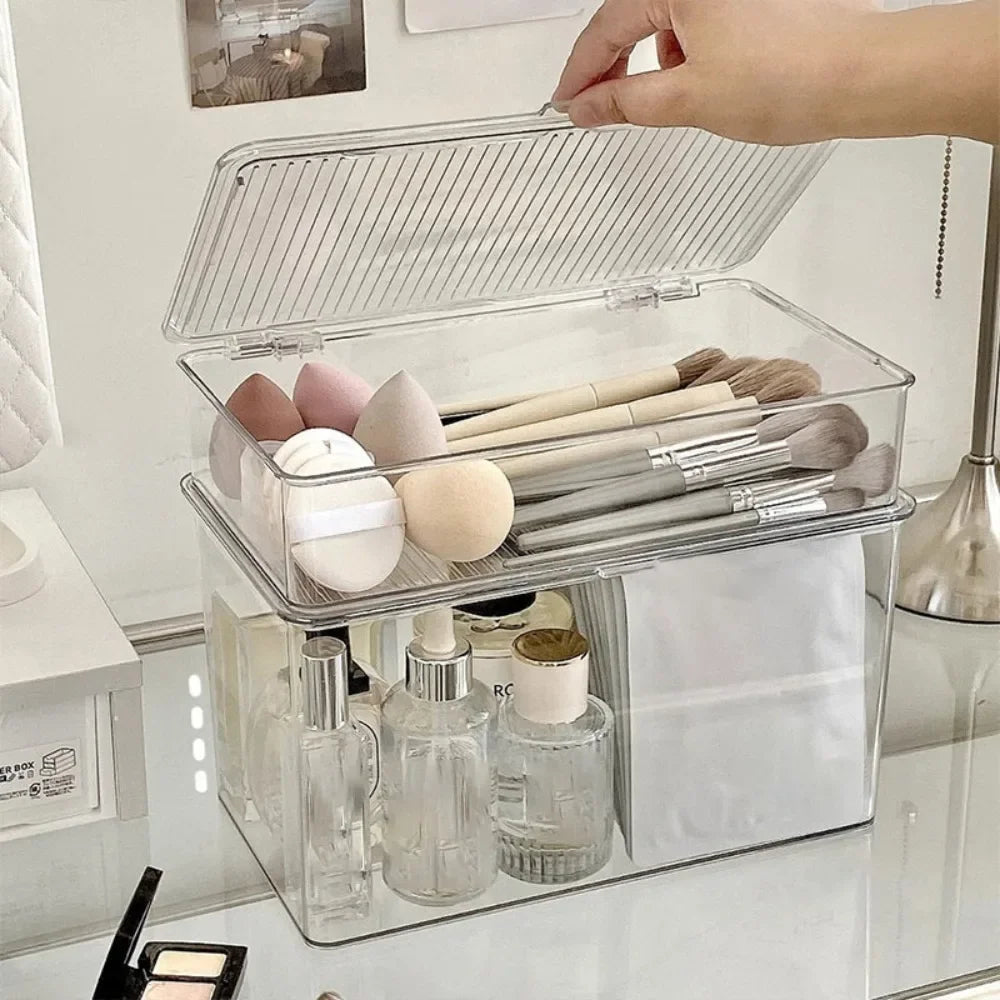 Desktop Storage Box Large Capacity with Lid Cosmetic Organizer Box Transparent Office Supplies Book Document Storage Box
