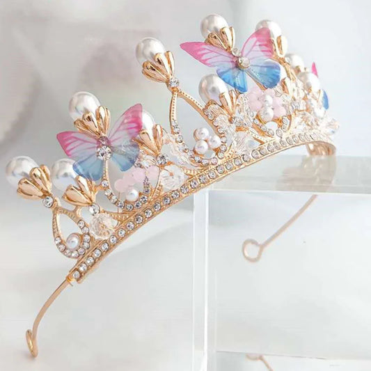 Girl Princess Crown Butterfly Rhinestone Tiaras Birthday Crystal Crown Performance Wedding Model Catwalk Handmade Pearl Tiara