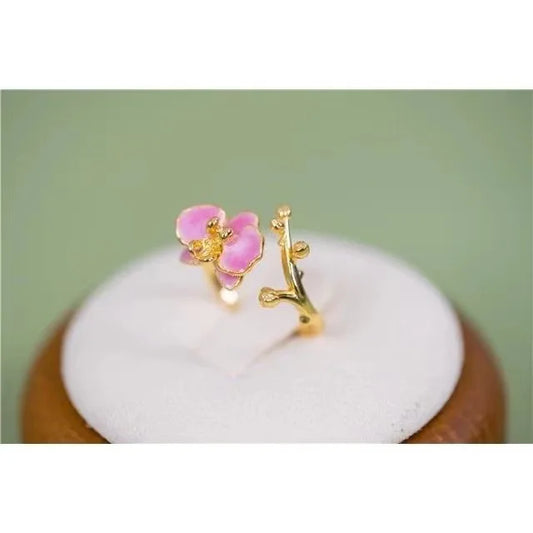 Retro Enamel Butterfly Orchid Flower Ring for Women Fashion Simple Pink Color Adjustable Open Finger Ring Party Weeding Jewelry