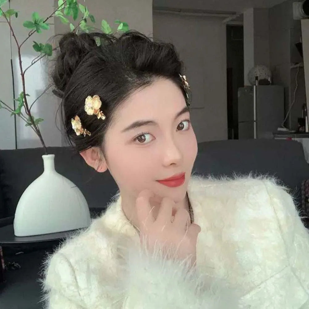 5pcs Elegant Golden Flower Hair Forks Hairstyle Tools French Style Pearl Side Clips Hair Accessories Retro Wave Alloy Barrettes