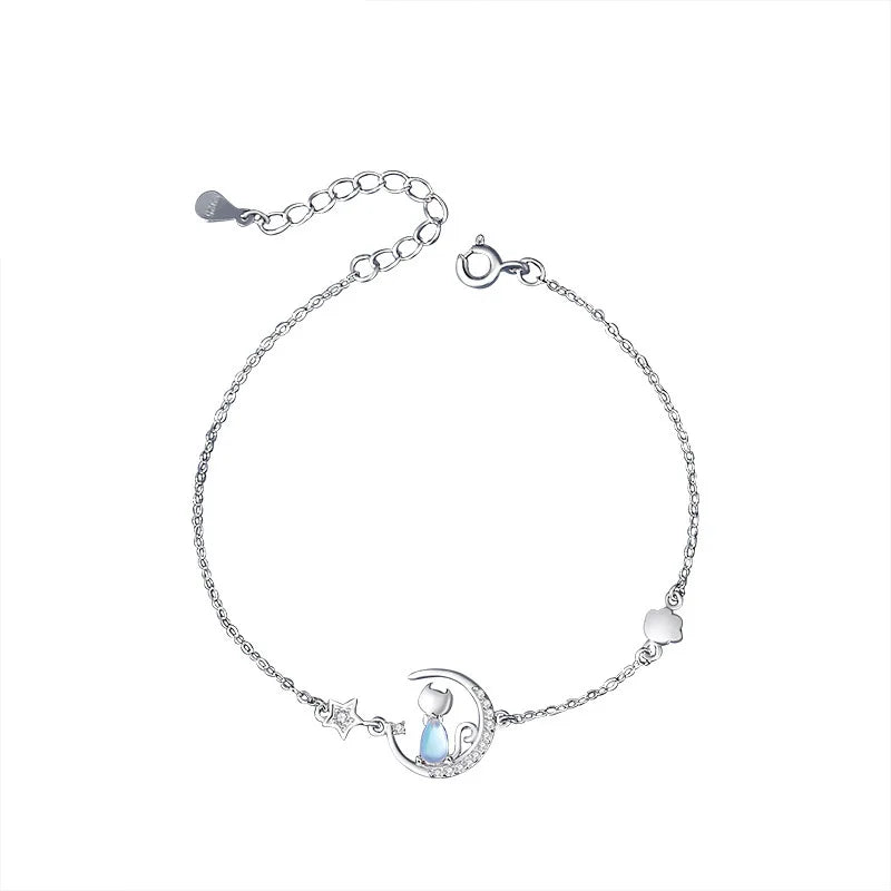 NEW European S925 Sterling silver AAA CZ Moon Stars Cat Bracelet Chain For Women Men Birthday Party Gift Jewelry
