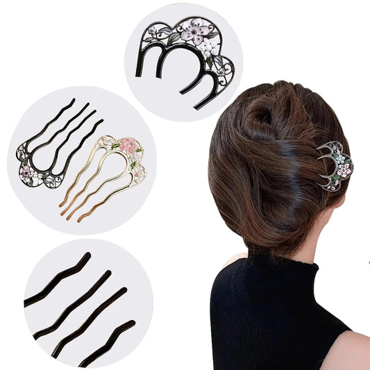Flower Pattern U Shaped Hairpins Fashion Creative 4 Prong Hair Sticks Metal Hair Fork Hair Accessories