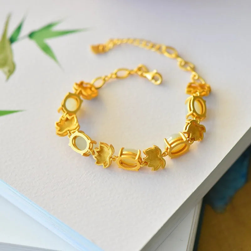 Natural Hotan Jade Charms Enamel Lotus Flower Bracelet for Women New in Chinese Vintage Ancient Gold Craft Bangles Jewelry