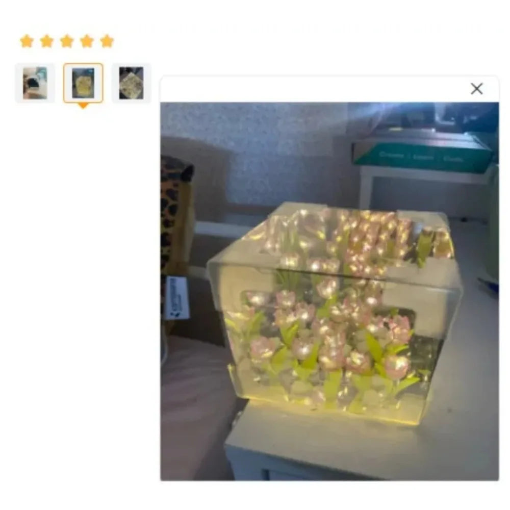 DIY Tulip Mirror Cube Lamp Flower Table Lamp Handmade Romantic Valentine's Day Lamp Tulips Home Decorations Gift for Girlfriend