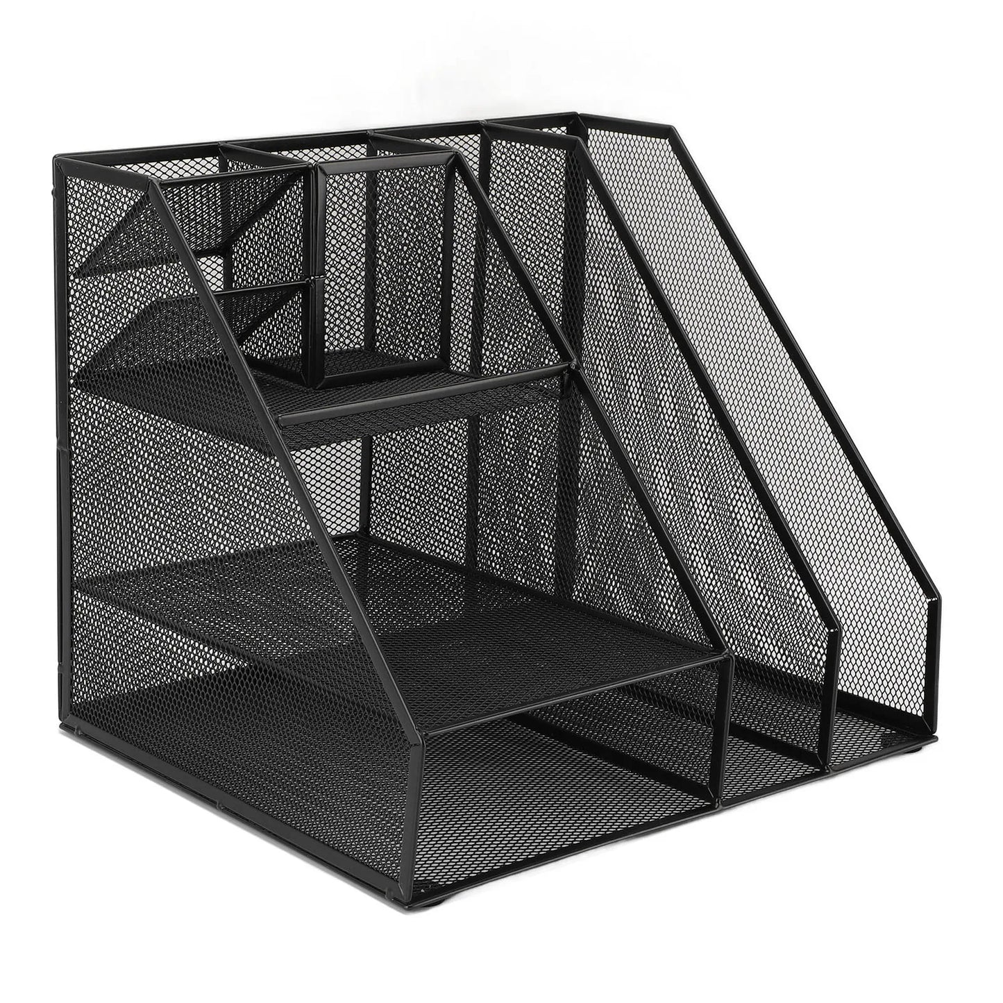Office Supplies Organizer with Pen Holder Metal Mesh Desktop Organizer Black Iron Multifunctional File Organizer for Home School