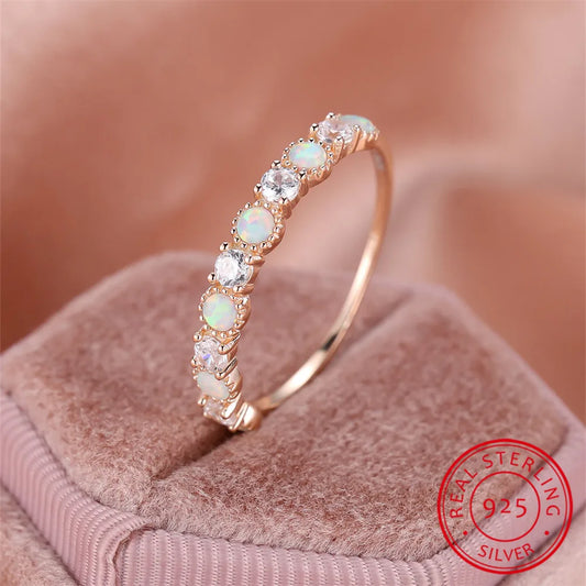 Real 925 Sterling Silver Engagement Ring Single Row White Zircon Round Opal Rings For Women Gold Color Wedding Band Jewelry