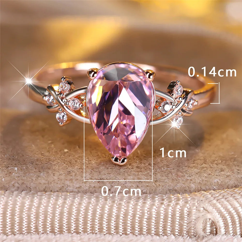 Elegant Pink Crystal Water Drop Stone Rings For Women Rose Gold Color Engagement Band Wedding Jewelry