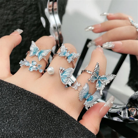 Exquisite Ice Blue Butterfly Open Ring, Fashionable Women's Simple Style Jewelry