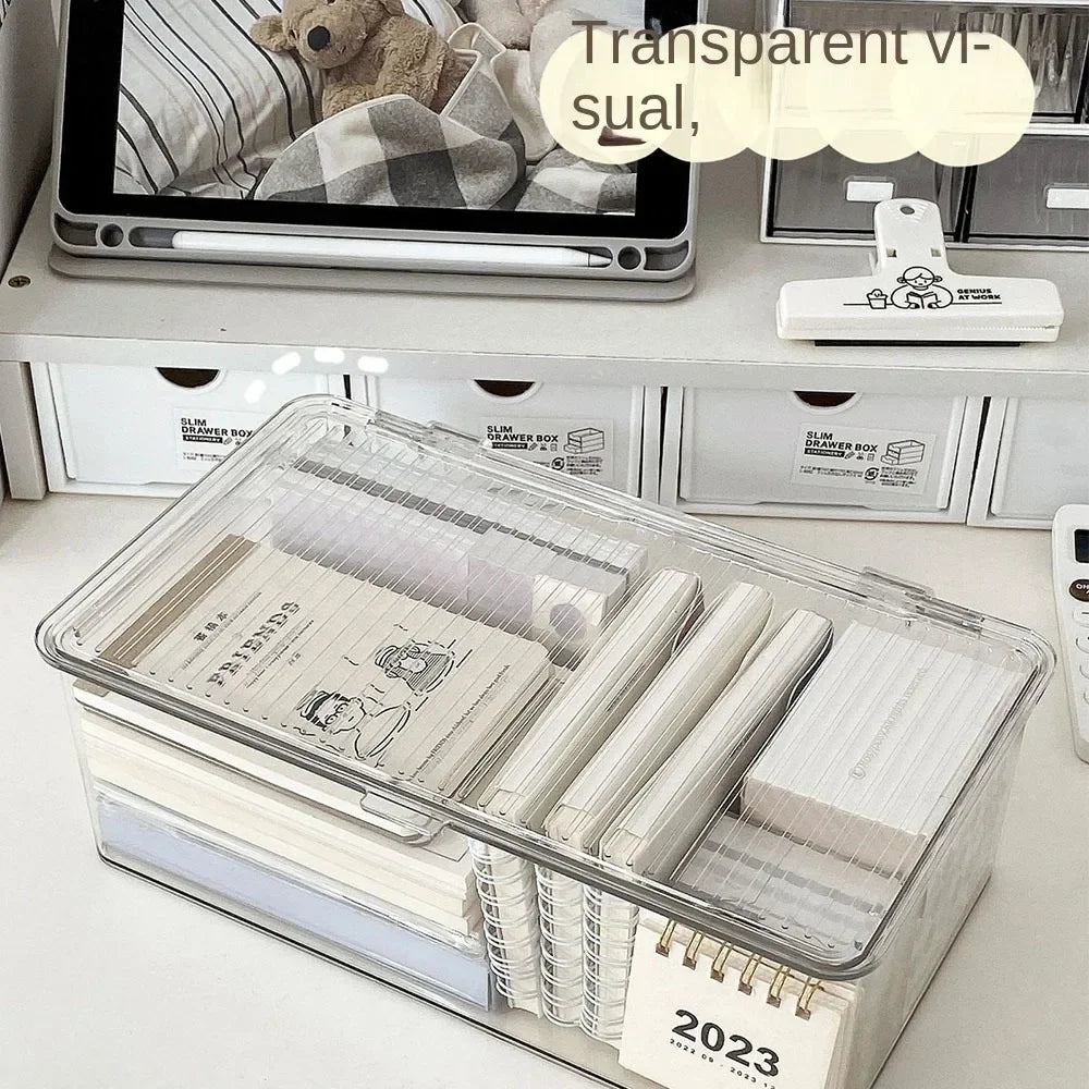 Desktop Storage Box Large Capacity with Lid Cosmetic Organizer Box Transparent Office Supplies Book Document Storage Box