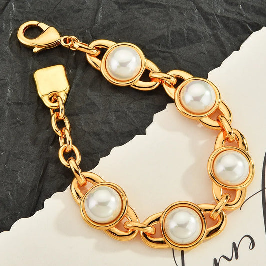 Trendy Pearl Golden Bracelet Heavy Retro Bangle Luxury Jewelry Elegant Accessories Party Gift