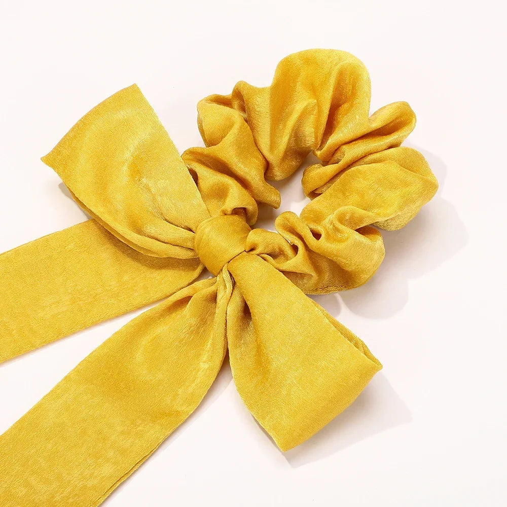 Fashion Vintage Solid Chiffon Velvet Bow Hair Ribbon Scrunchie for Women Girls Long Elastic Hair Tie Headwear Hair Accessories