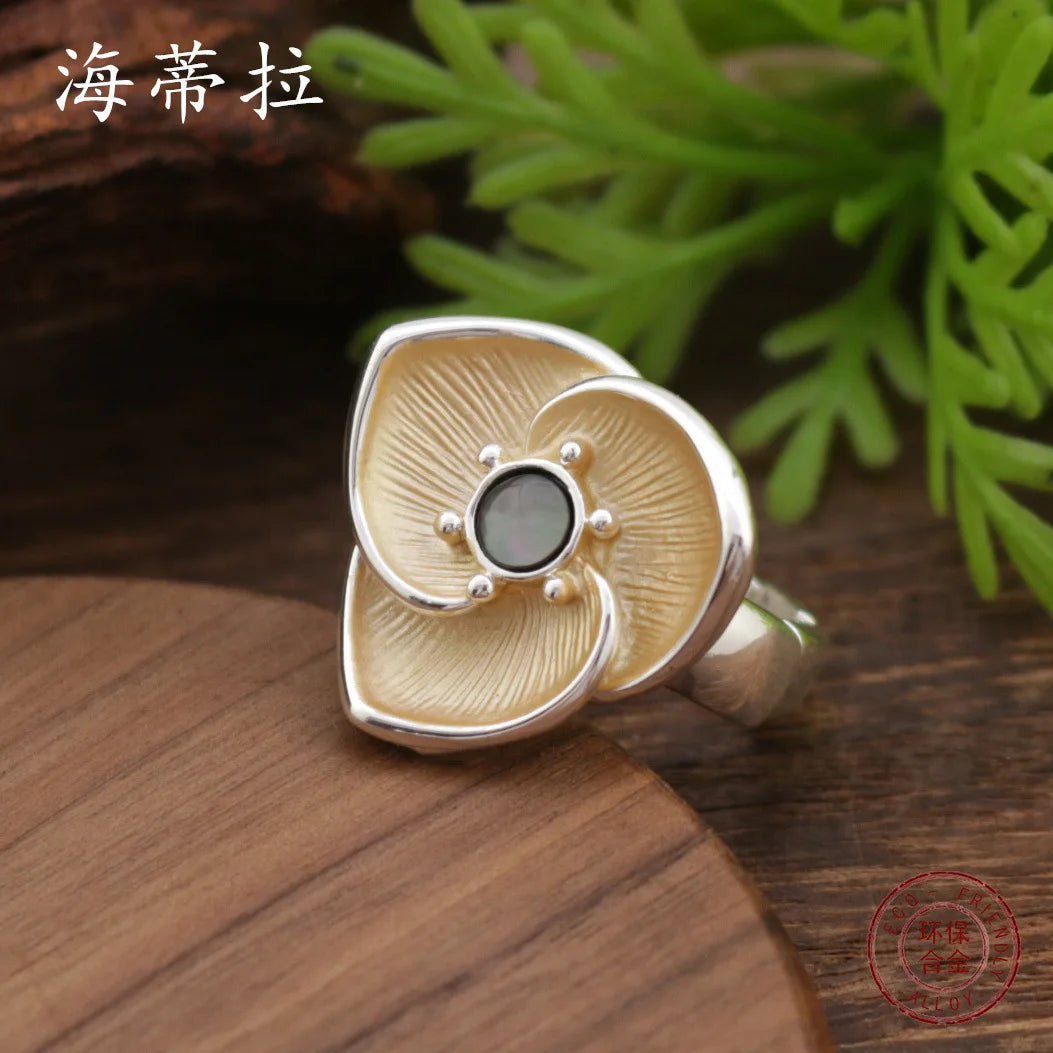 new color painting oil fritillary inlaid flower elastic ring, simple and high-end women's petal ring